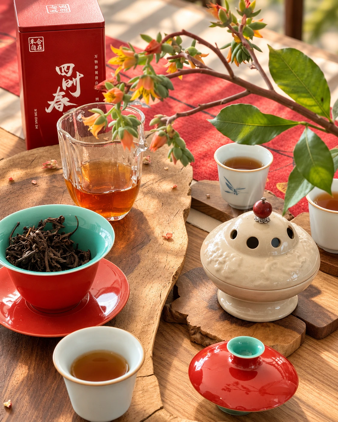 红盒茶叶与茶具陈列