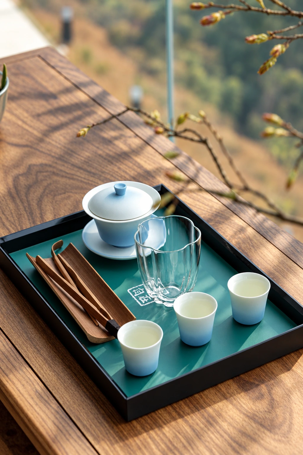 绿釉茶具与木桌