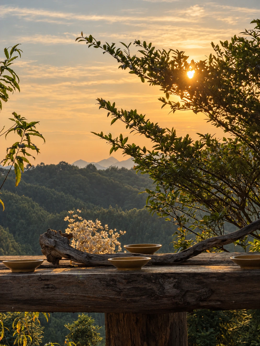 夕阳山景前的木桌、酒碗与花枝