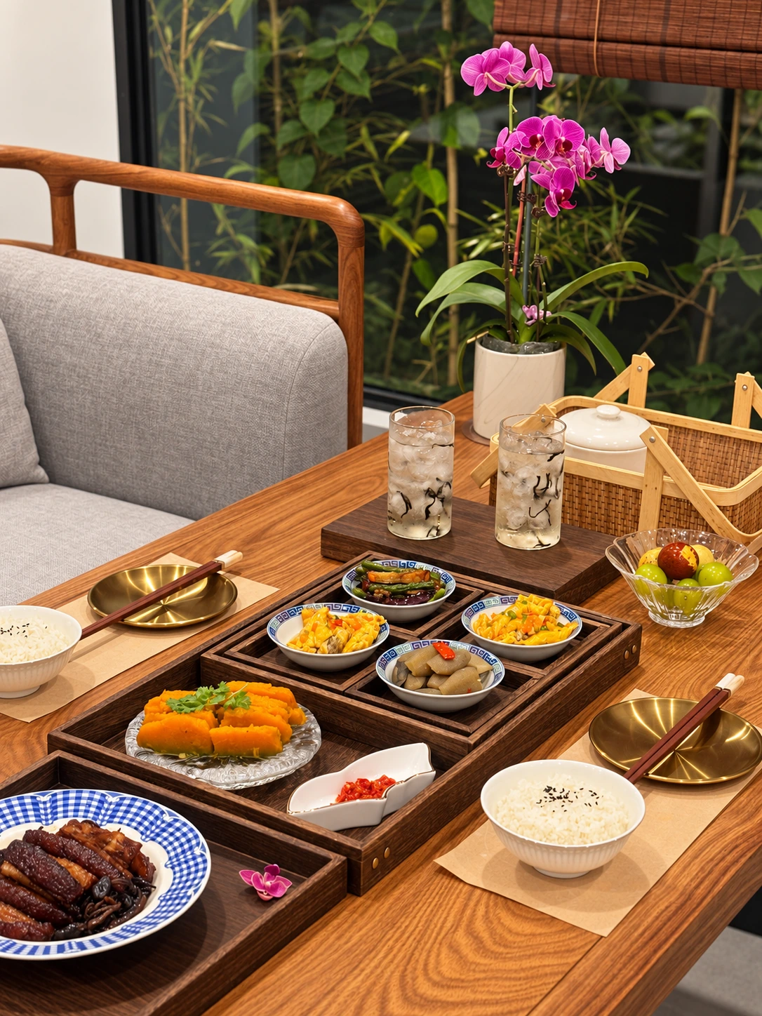 竹帘窗前米饭与家常主菜餐桌