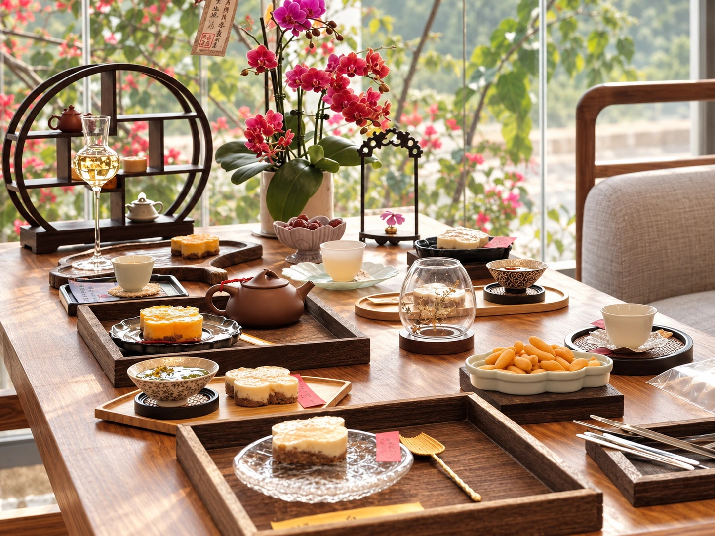 兰花茶桌上的茶与糕点