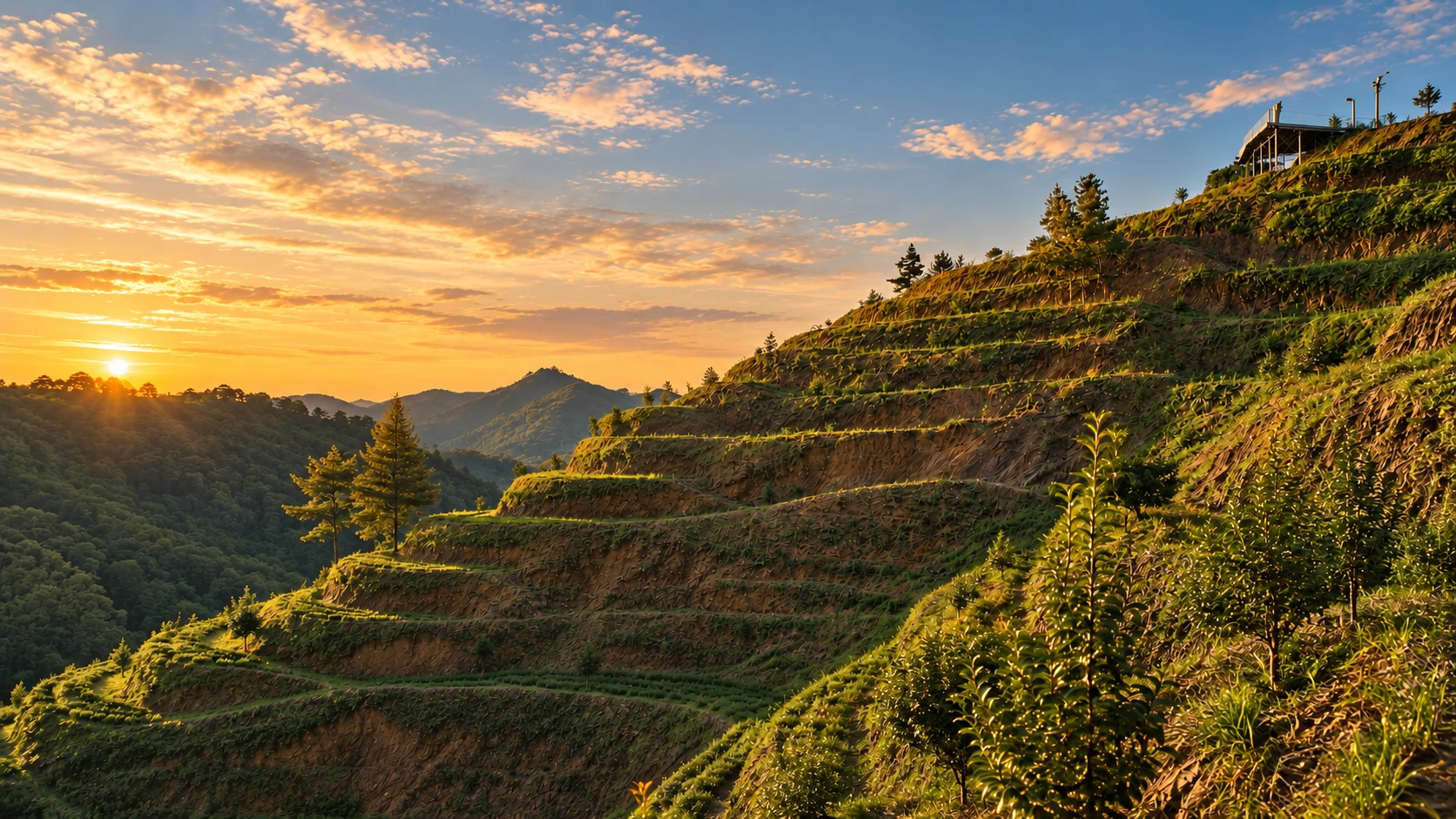 夕阳中的山坡梯田茶园
