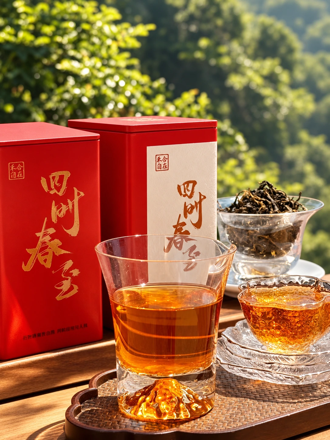 红色茶礼盒与两杯茶汤